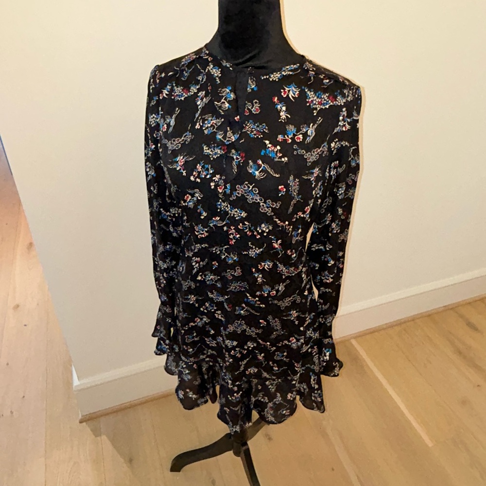 Veronica Beard Black Floral Long-Sleeve Ruffle Hem Women's Dress - Size 10